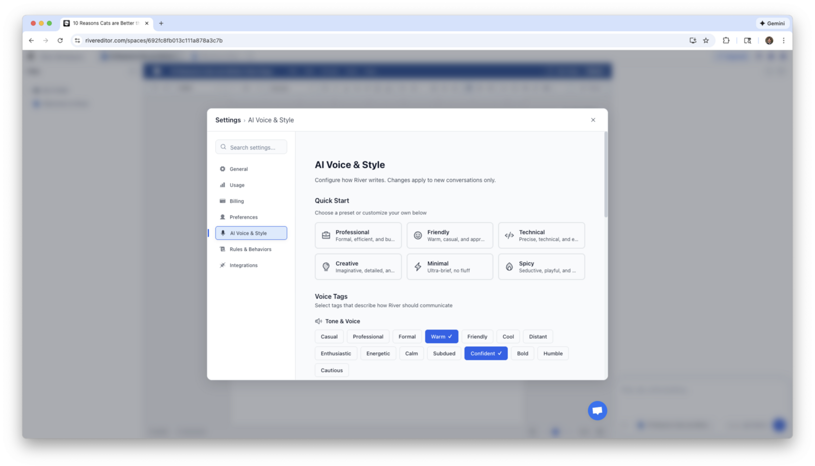 Voice configuration panel