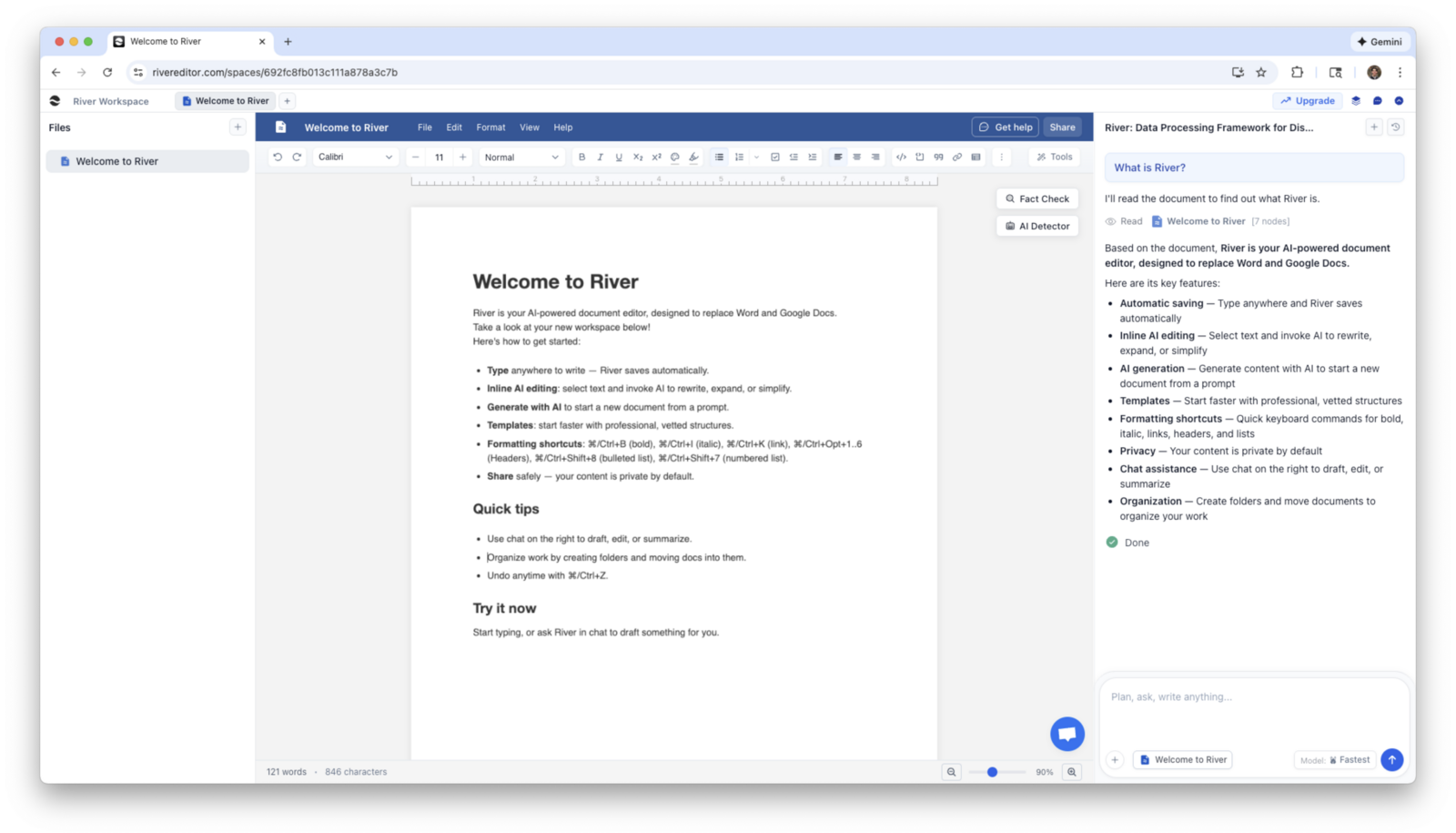 River workspace with document editor and AI chat