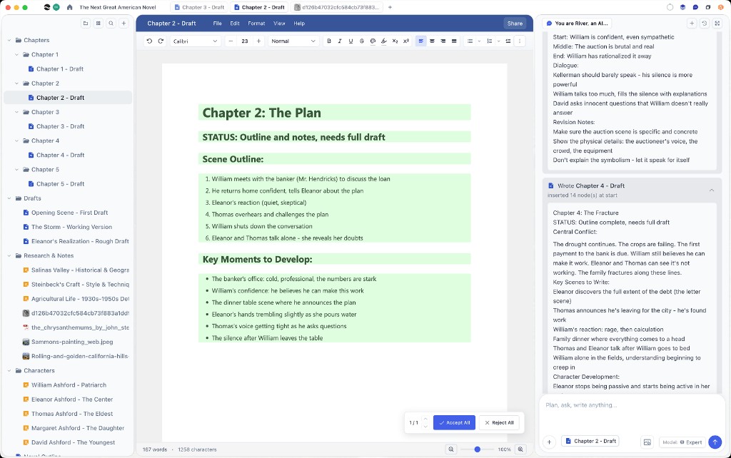 River workspace interface showing document editor with AI chat