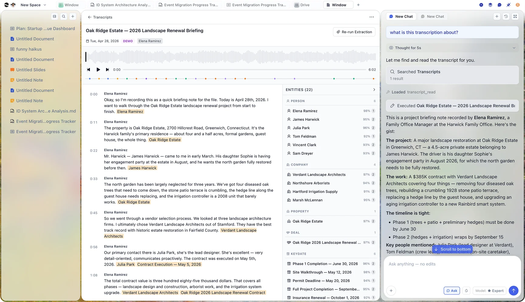 River Transcript reader with extracted entities and decisions