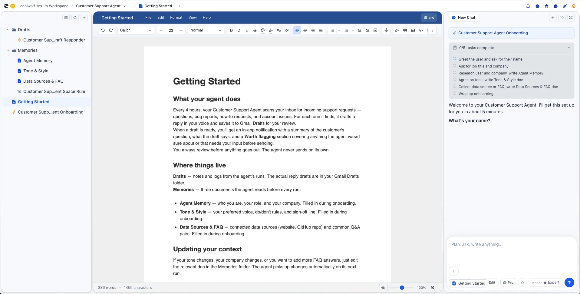 Customer Support Agent space in River: recent replies, recent drafts, and the three docs the agent reads