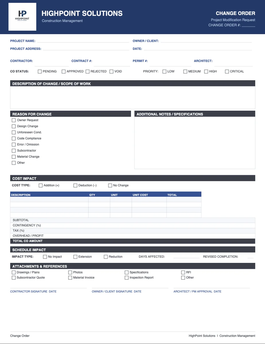 Construction Change Order Request Form preview