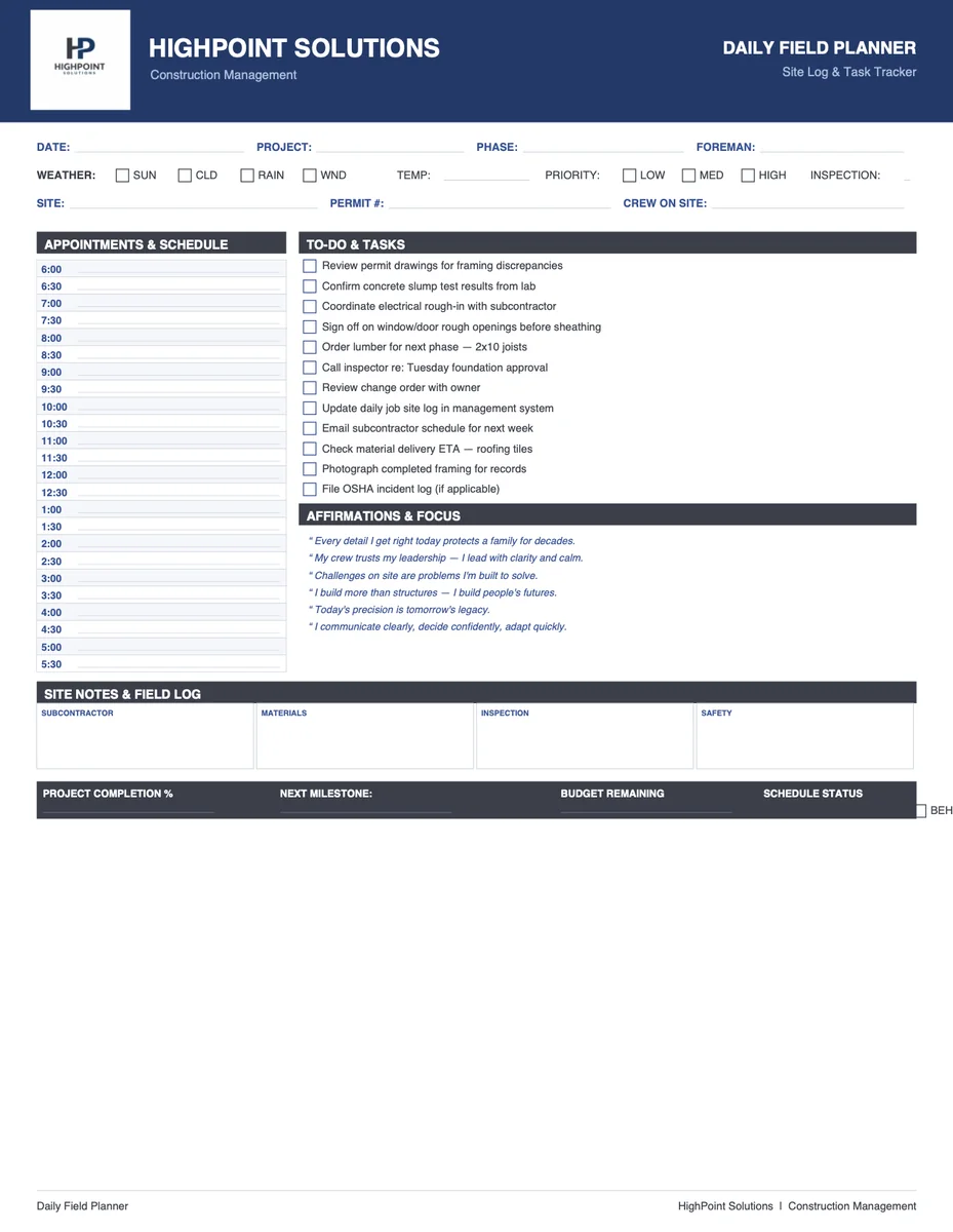 Daily Field Planner for Construction Crews