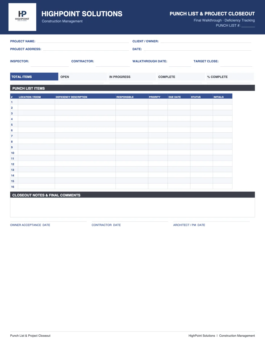 Residential Construction Punch List