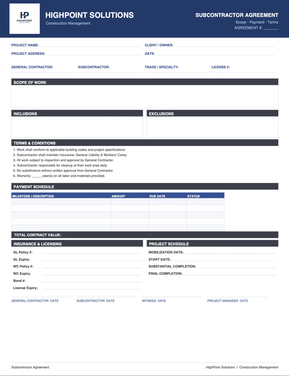 Subcontractor Agreement for Residential Construction